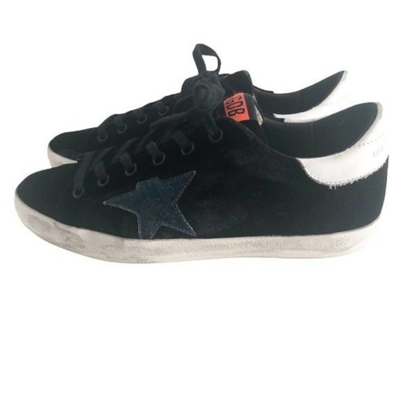 GOLDEN GOOSE Superstar Black Velvet Blue Glitter Star Lace Up Sneakers Size US 7 - Picture 6 of 14